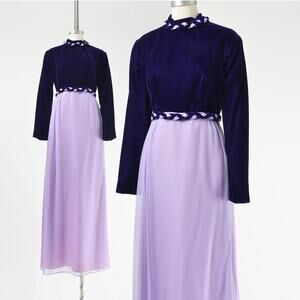 Vintage 60s Purple Formal Sheer Chiffon and Velvet Mod Retro Maxi Dress M L